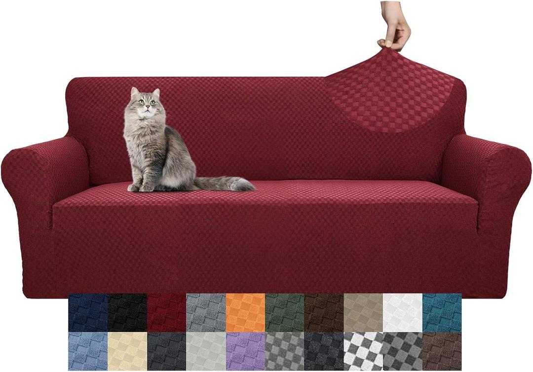 YEMYHOM Couch Cover Latest Jacquard Design High Stretch Sofa Covers for 3 Cushion Couch, Pet Dog Cat Proof Slipcover Non Slip Magic Elastic Furniture Protector (Sofa, Christmas Wine Red) (Large (71"-91"))