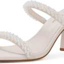 Shoe'N Tale Pearl Strappy Heels for Women Two Band Chunky Block Heeled Sandals Square Open Toe Backless Mules Slip On Pumps Dressy Shoes (8)