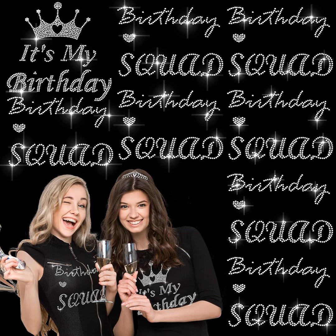 Outus 8 Pieces Birthday Squad Iron on Transfers Rhinestone Heat Transfer Decals It's My Birthday Rhinestone Bling Patch DIY Party Iron on Stickers for Women Tank Top Shirts Decoration