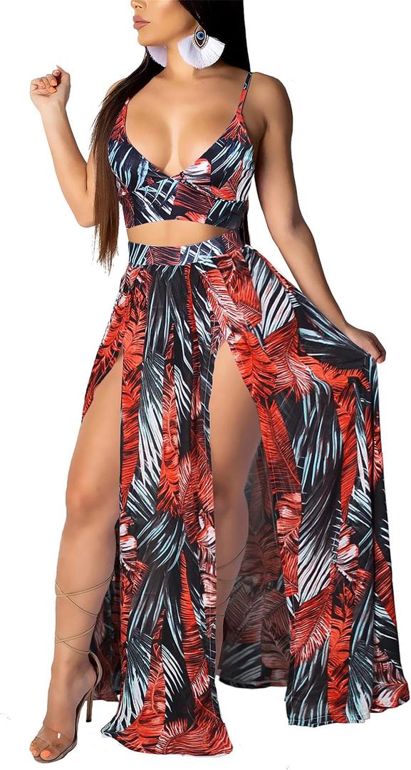 Women Sexy 2 Piece Outfits Dress Chiffon Strap Deep V Neck Bra Crop Top High Split Maxi Dresses Skirt Set (Black, XL)