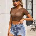 Avidlove Women's Sheer Mesh Crop Top Short Sleeve See Through T-Shirt Sexy Rave Festival Clubwear Tops （ Coffee Brown, L)