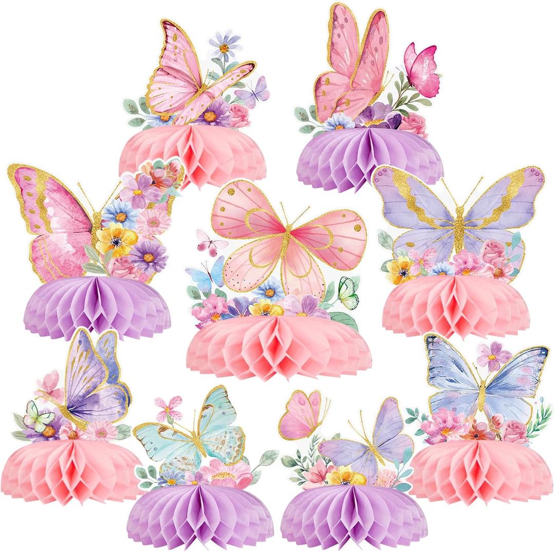 SUNBEAUTY 9 PCS Butterfly Centerpieces for Tables Butterfly Birthday Party Decorations Spring Wildflower Honeycomb Table Centerpiece for Girl Birthday Garden Baby Shower Decorations