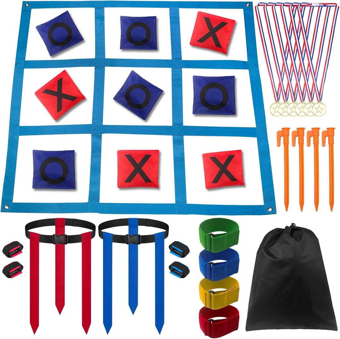 Outdoor Game Set, Kanosan Outside Giant Tic Tac Toe Bean Bag Toss Games,3 Legged Race Bands, Catch Tail Game, Field Day Birthday Party Family Reunion Carnival Yard Lawn Easter Games 28PCS