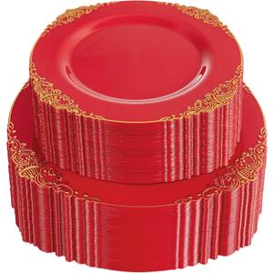 102PCS Red and Gold Plastic Plates - Red Plates Disposable - Red Plastic Plates with Gold Rim Include 51PCS Dessert Plates, 51PCS Dinner Plates Perfect for Graduation & Weddings & Parties