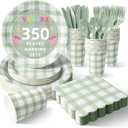 Vyntra 350 Pcs Sage Green Gingham Paper Plates and Napkins Set for 50, 9" Dinner Plates & 7" Dessert Plate, Tableware for Garden Birthday Party