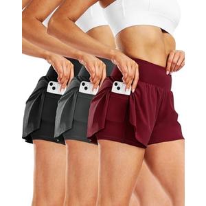 CADMUS 2 in 1 Women's Spandex Athletic Shorts Gym Yoga Shorts Pockets (09# 3 Pack: Black & Dark Grey & Red, Large)