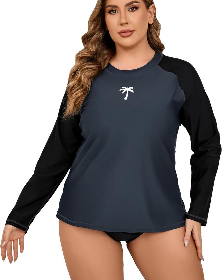 Halcurt Womens Plus Size Long Sleeve Rash Guard Swim Shirt with Built in Bra Loose Fit UPF50+ Swimsuit Top (3X, Gray Black)