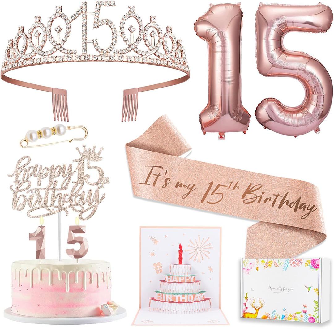 15th Birthday Decorations for Girls, 15th Birthday Sash and Crown, Pop Up Card, Cake Topper, Number Candles and Balloons, 15 Year Old Gifts for Girls