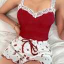 Girece Sexy Pajama Set for Women 2 Piece lounge Set Floral Cami and Shorts Lingerie Set Cute Pjs Lace Trim Sleepwear (XL)