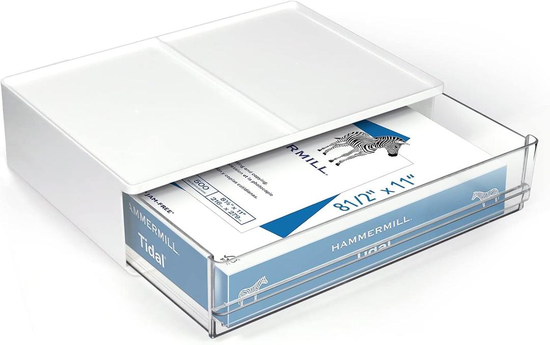 Harhana Printer Paper Holder Desk Organizer with Drawer, Stackable Desktop Storage Drawers 13.5 inch Wide - Pearl White (1 PC)