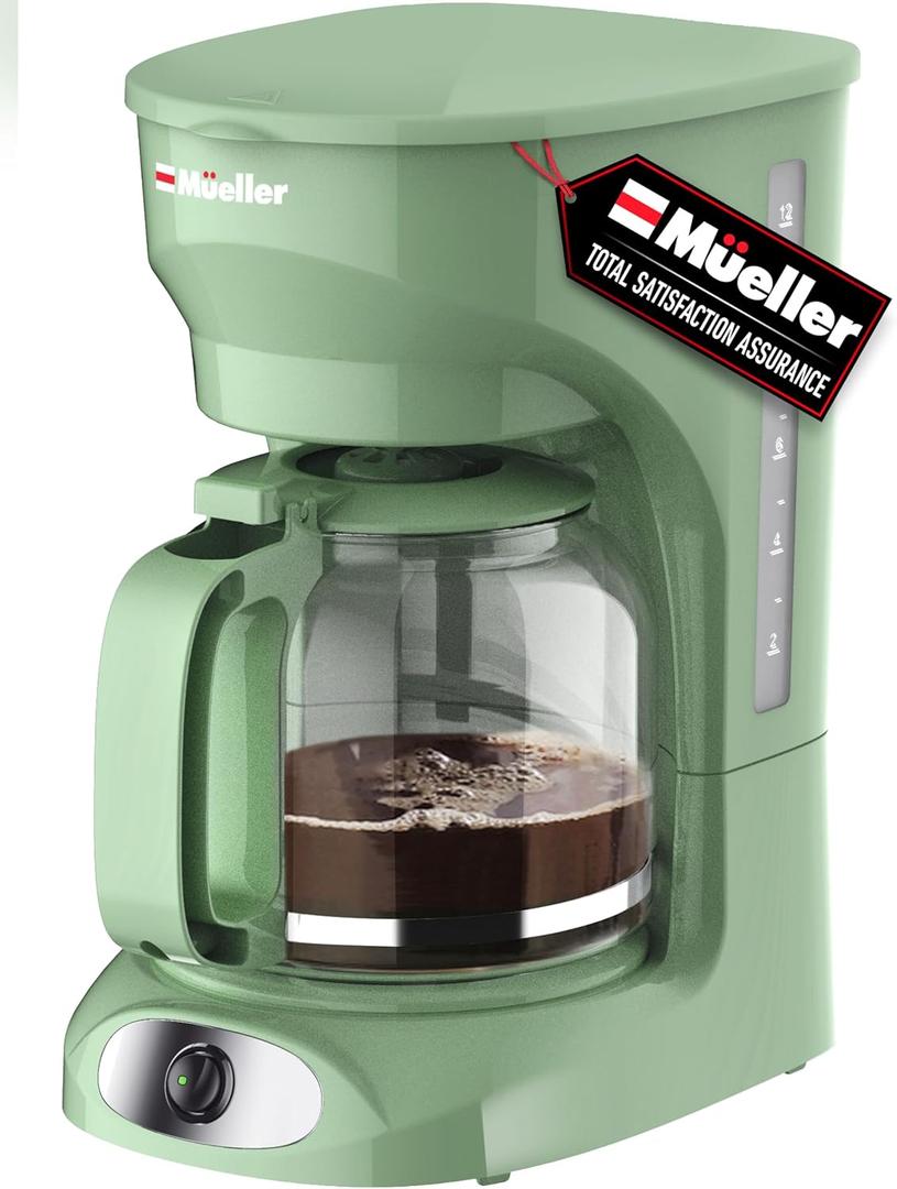 MUELLER HOME 12-Cup Drip Green Coffee Maker, Borosilicate Carafe, Auto-Off, Reusable Filter, Anti-Drip, Keep-Warm Function, Clear Water Level Window, Green Kitchen Accessories & Decor