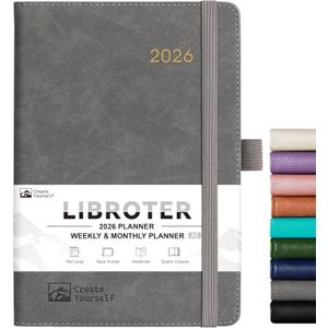 2026 Planner - Planner 2026, 2026 Weekly Monthly Planner, Jan.2026 - Dec.2026, 5.7'' x 8.4'', Thick Paper, Leather Cover, Pen Holder, Back Pocket, Bookmarks, Perfect Daily Organizer - Brown - Grey