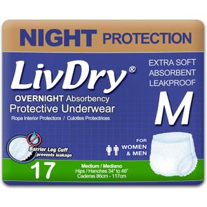 LivDry Adult M Incontinence Underwear, Overnight Comfort Absorbency, Leak Protection, Medium, 17-Pack
