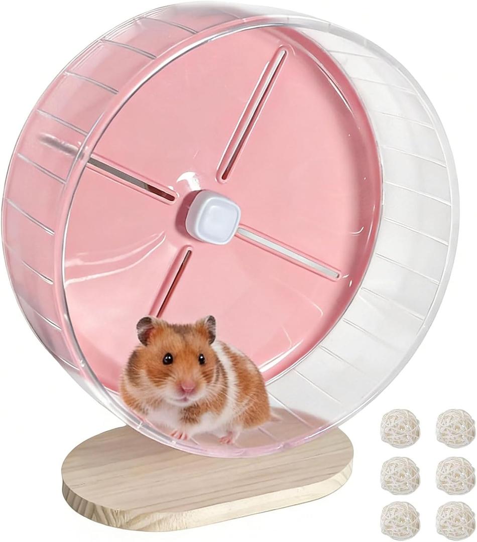 Silent Hamster Wheel,10.2 Inch Quiet Spinner Syrian Hamster Running Wheel,Anti-Skid & Adjustable Stand for Gerbils, Rats, or Other Small Pets,Pink