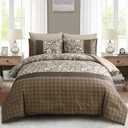 WONGS BEDDING Brown Comforter Set Queen, 7 Pieces Bed in a Bag Floral Patchwork Soft Microfiber Queen Sheet Set with Comforter, Flat Sheet, Fitted Sheet, Pillow Shams,Pillowcases