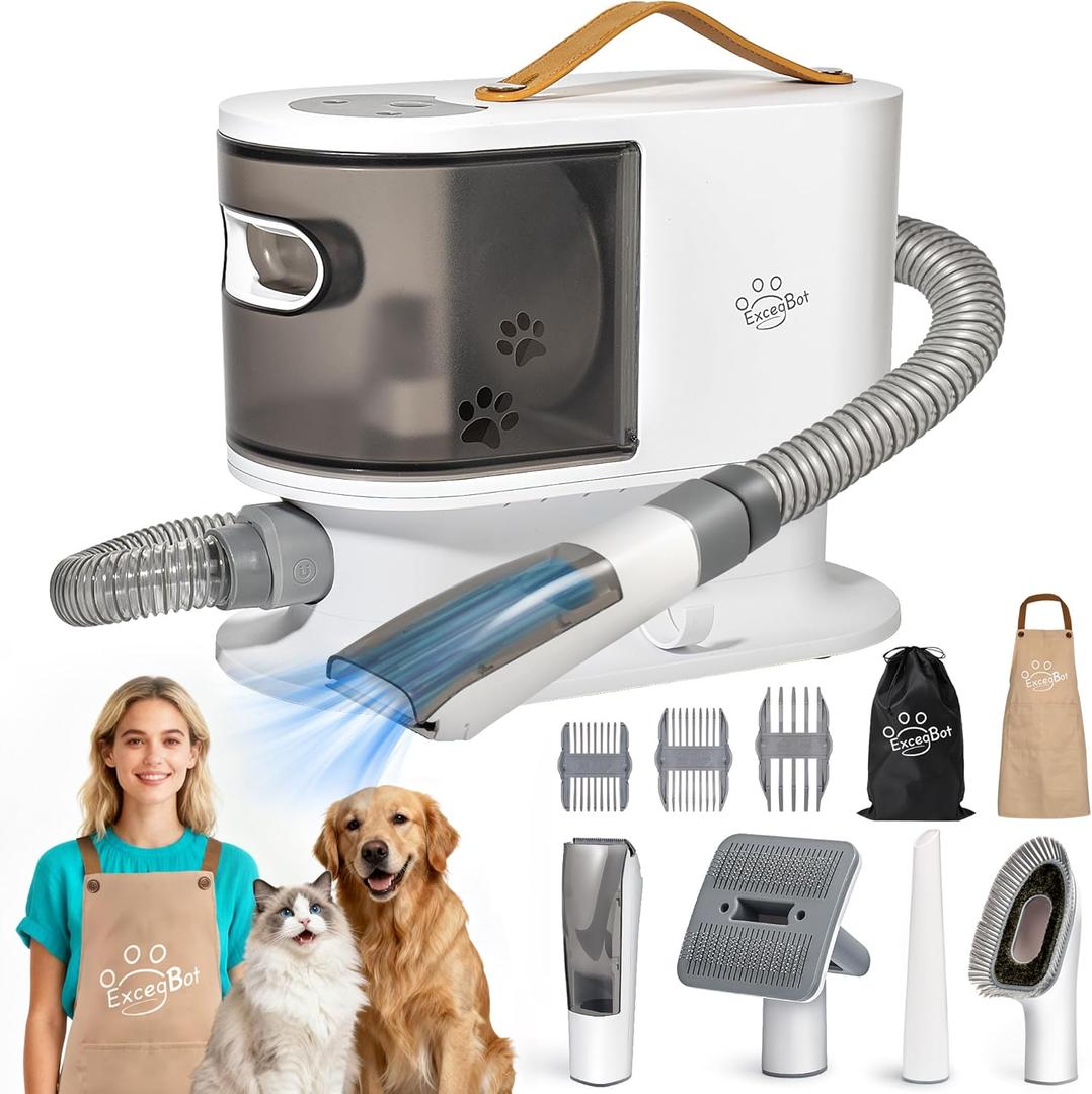Pet Grooming Vacuum for Dogs & Cats, 12kPa Strong Suction, 50dB Quiet, 2L Dust Cup, 5-in-1 Grooming Kit with Ceramic Clippers, 6 Guide Combs, Vacuum for Shedding & Long-Haired Breeds
