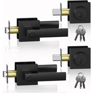 JO.KO 2 Pack Keyed Entry Door Handle and Single Cylinder Deadbolt Door Locks,Matte Black Front Door Handle and Deadbolt Set,Heavy Duty Exterior Door Lever for Office and Home Security, 1 Key 1 Combo