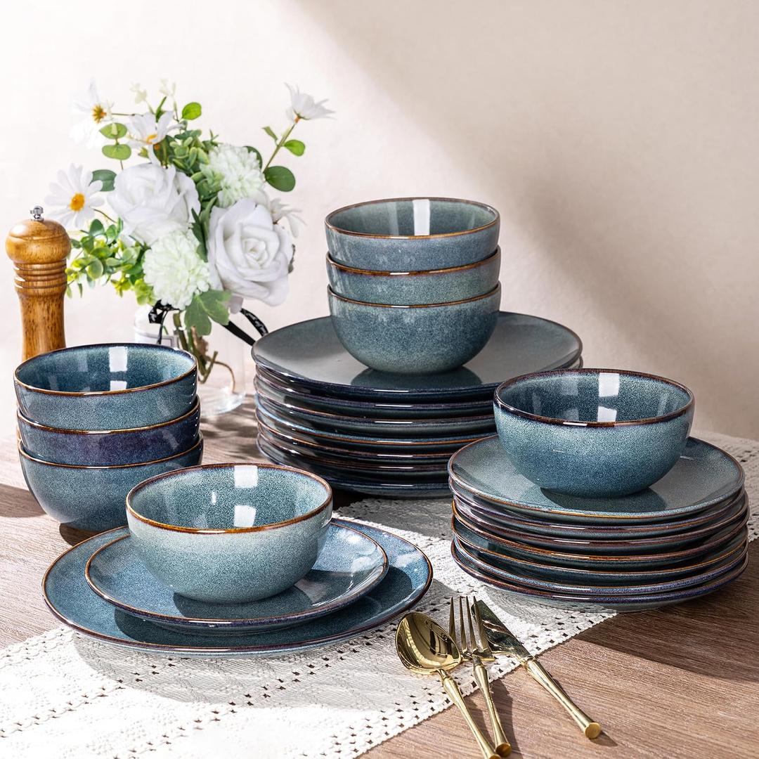 AmorArc Ceramic Dinnerware Sets for 8, 24 Pieces Handpainted Plates and Bowls Set, Scratch Resistant Stoneware Dishes Set, Dishwasher & Microwave Safe, Ceylon Blue