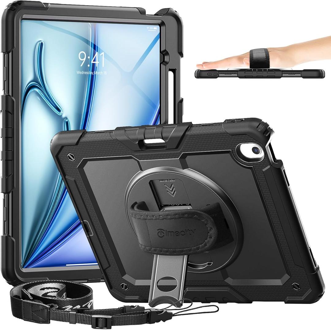 timecity for iPad Air 13 Inch Case M3 2025/ M2 2024, 360 Rotating Stand, Pencil Holder & Wireless Charging, Shockproof with Screen Protector & Shoulder Strap - for Designers & Professionals, Black