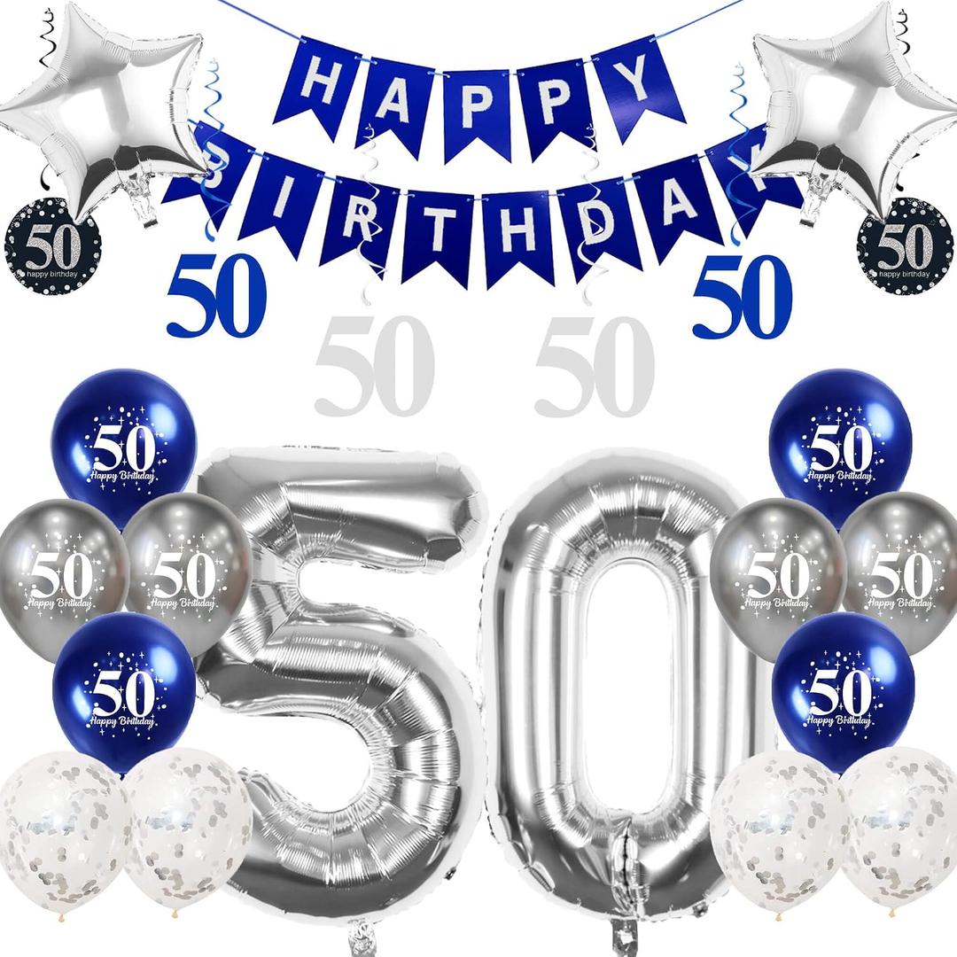 3 x 50th Birthday Decorations Kit with 32 Inch Number 50 Foil Balloons, Silver Swirl Decorations, Happy Birthday Banner & Star Foil Balloons for Golden Birthday Party
