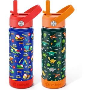 Fimibuke Kids Insulated Water Bottle, 18oz BPA FREE Kids Cups with Straw Double Wall Vacuum Tumbler 18/8 Stainless Steel Leak Proof Toddler Water Bottle for School Boys Girls (2 Pack, Dinosaur/Truck)