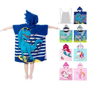 Hooded Kids Beach Towels - Toddler Bath Towel Girls Boys Swim Cover-ups for Ages 4 to 10 Kids Pool Towels Quick Dry Lightweight Soft Microfiber Poncho 30x30 with Bag (Navy Dinosaur)