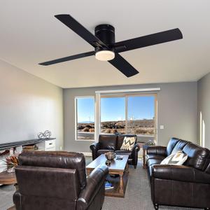 52 Inch Flush Mount Low Profile Ceiling Fan with Light and Remote Control, Reversible 4 Dual Finish Wood Blades, Indoor/Outdoor Ceiling Fan for Patio, Living Room, Bedroom