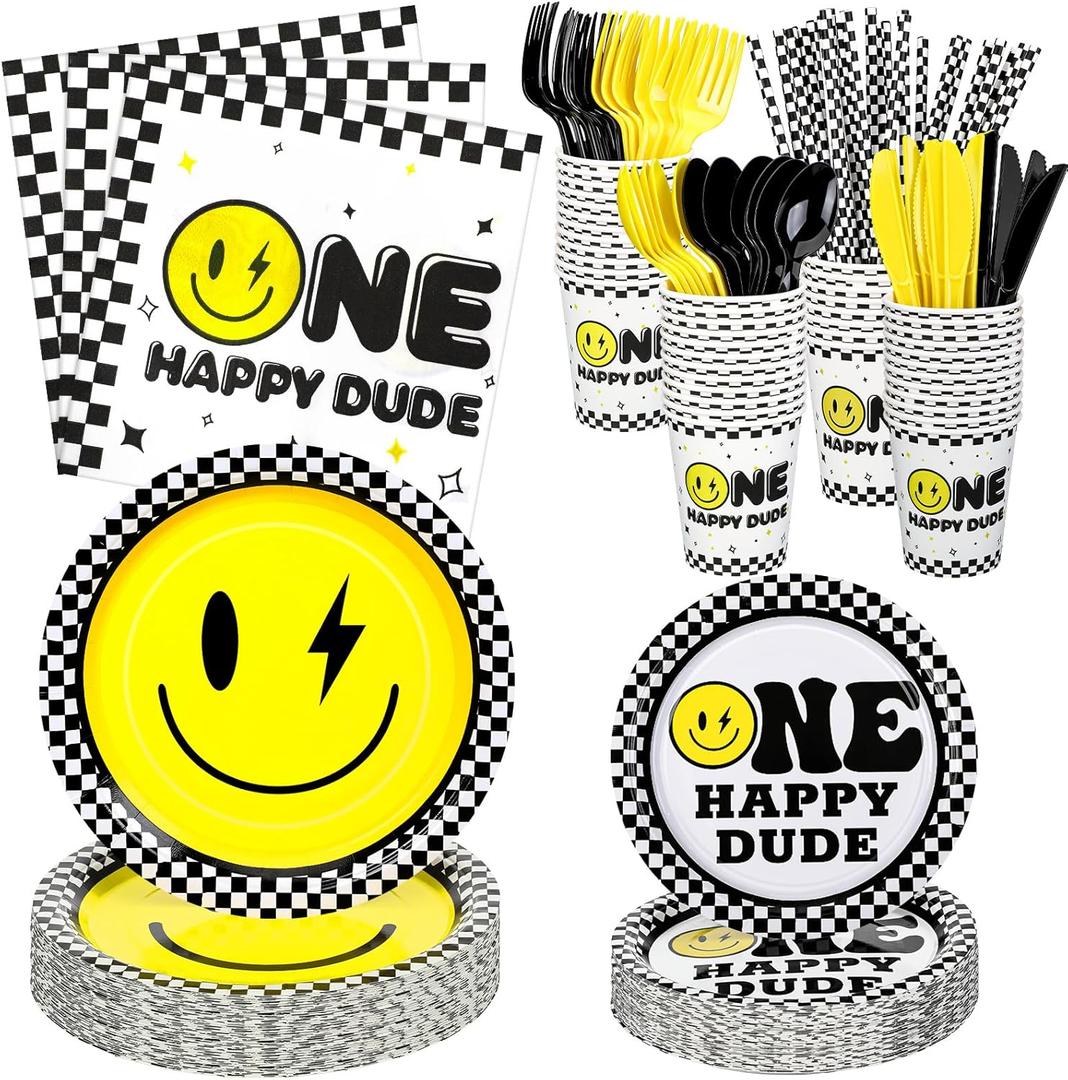 Norme 344 Pcs One Happy Dude Birthday Decorations Smile Face Party Tableware Serve 24 Guests, Include 7 in 9 in Paper Plates Disposable Knife Fork Spoon Napkins Cup Straw for 1st Birthday Baby Shower