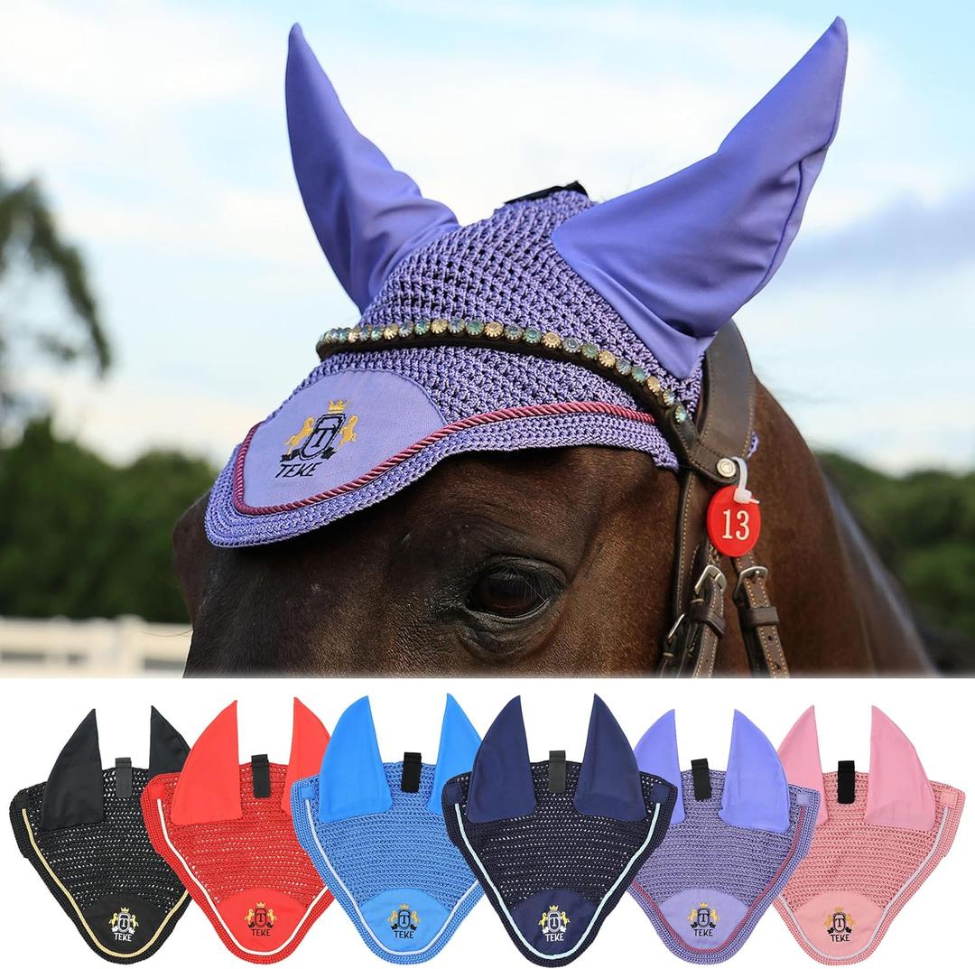 T TEKE Gorgeous Horse Ear Bonnet, 68% Viscose + 32% Acrylic Hand Crocheted mesh with Stylish Piping, Spandex Ears (Horse (12-15.3HH), Blue)