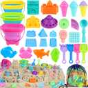 Collapsible Beach Toys for Kids Toddlers, 3 Foldable Buckets and Shovels Set, Sand Castle Building Kit, Ice Cream Travel Sand Toys for Sandbox & Mesh Bag, Beach Essentials for Boys Girls Age 3-10
