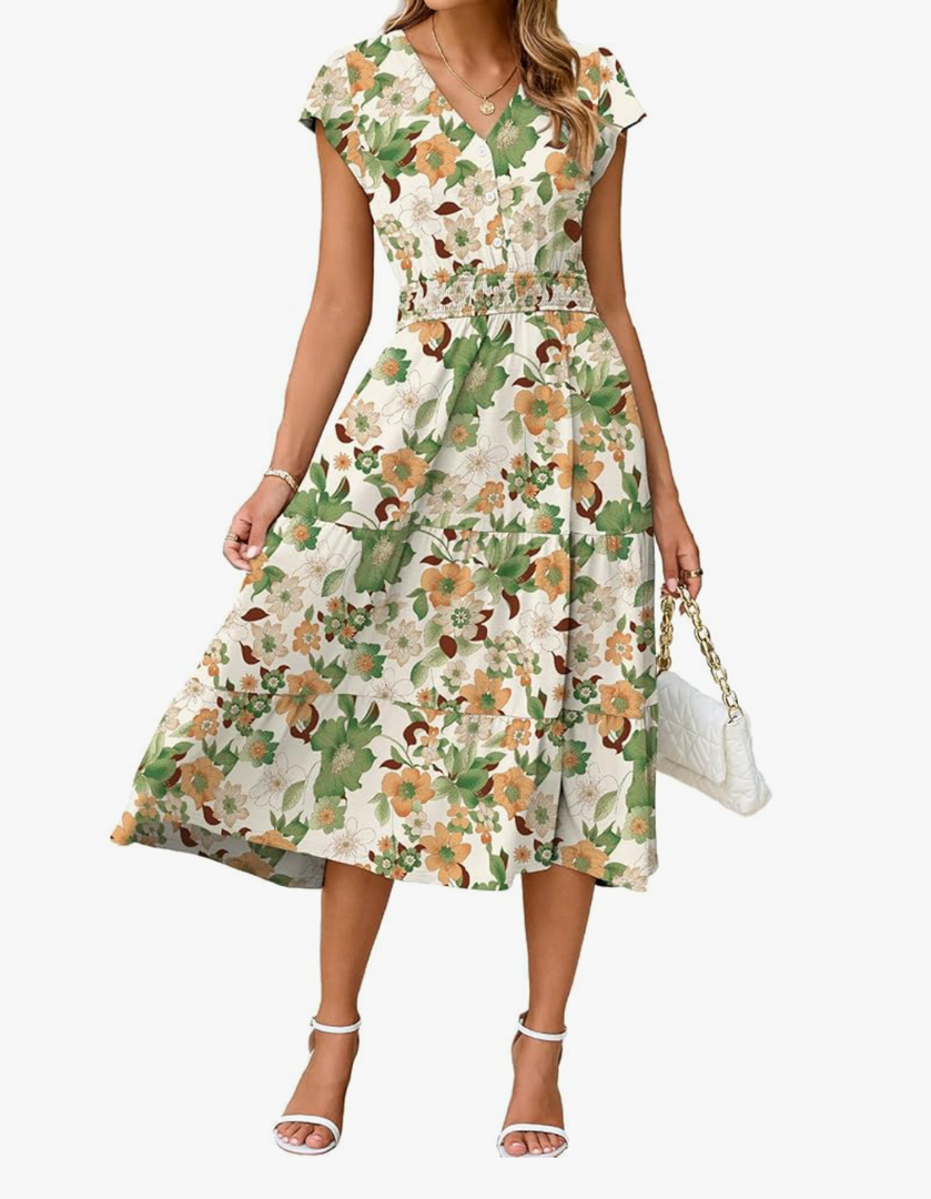BerryGo Women's Floral Boho Ruffle Summer Midi Dress Short Sleeve V Neck Empire Waist Swing Flowy Dress
, S