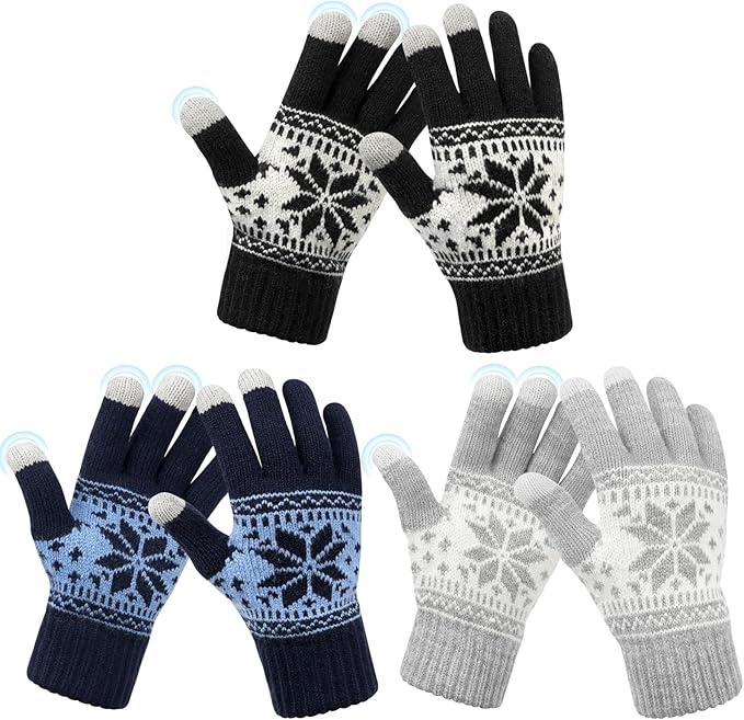 YSense 3 Pairs Touch Screen Gloves Snow Flower, Warm Knit Winter Gloves Christmas Gifts Stocking Stuffers for Women Gifts