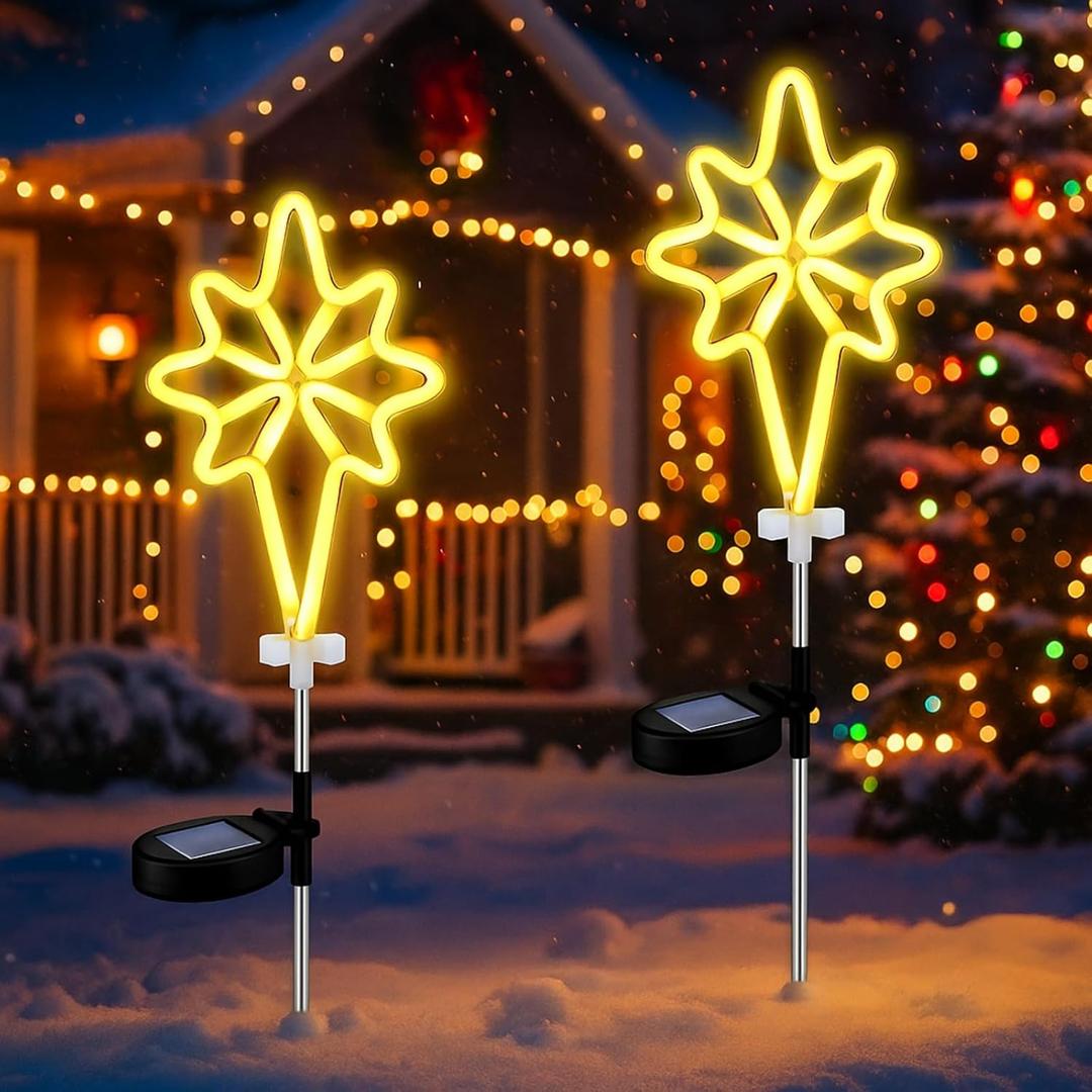 Rossesay 2 Pcs Solar Christmas Garden Stake Lights Waterproof Bethlehem Star Landscape Solar Pathway Lights for Outside Stakes Xmas Neon Yard Stakes for House