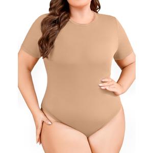 FOREYOND Plus Size Bodysuits for Women Short Sleeve Scoop Neck Bodysuit One Piece Body Suit Tops (5X-Large, Taffy)
