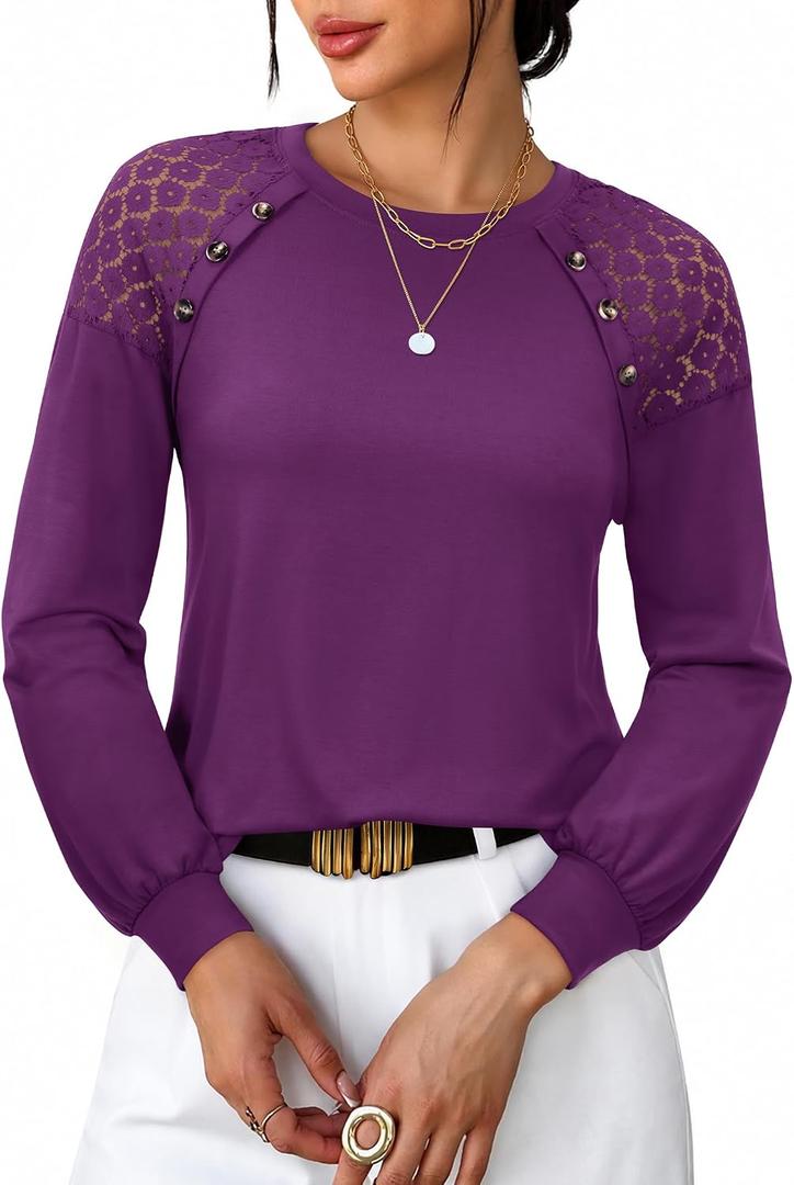 siliteelon Lace Long Sleeve Tops Dress Shirt Womens Crew Neck Loose Dressy Blouse Business Casual Work Summer 2026 Purple (Purple, XL)