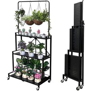 lumizone Foldable 4-Tier Plant Stand Indoor Outdoor Hanging Plant Shelf No Assembly Required Pot Placement Area With Wheels Sturdy Fall Prevention Storage Shelf Flower Pot Stand(4 Tier-Black)