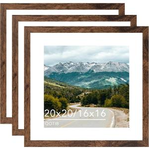 Wood 20x20 Picture Frame with 16x16 Mat Deep Brown, Display 16x16 with Mat or 20x20 without Mat, Wood 20 by 20 Photo Frame, 20 x 20 Frame for Wall Hanging Display, Deep Brown, 3 Pack