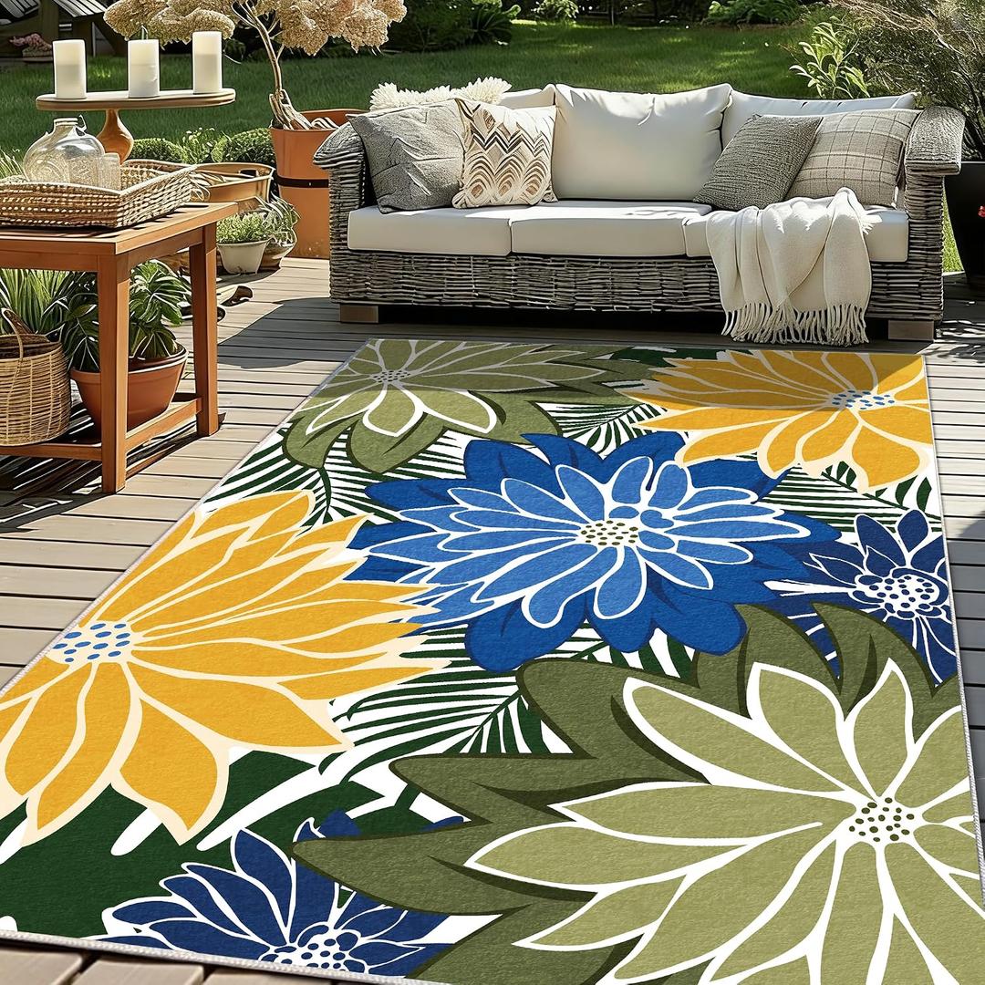 ZonLi 8x10 ft Colorful Outdoor Rug Indoor Outdoor Patio Rug Washable | Waterproof Tropical Floral Non Slip Outdoor Carpet Area Rug for Deck, Backyard, Pool, Living Room, Camping