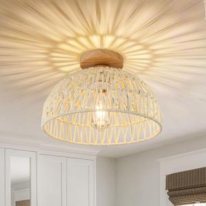 Boho Ceiling Light Fixture Rattan Flush Mount Ceiling Light Bedroom Chandelier Hand-Woven Lamp Shade Wooden Base Small Chandelier Boho Ceilings Lamp for Hallway Nursery Kitchen