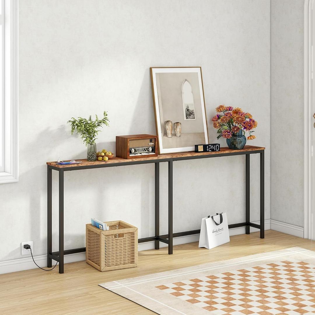 BOFENG 71.5 Inch Thin Console Table with Power Outlets,Narrow Sofa Table with Charging Station,Long Side Table Behind Sofa Couch Table for Entryway,Hallway,Living Room,Foyer,Rustic Brown