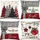 Ni-JASW Red Grey Plaid Christmas Throw Pillow Covers 18x18 inch, Farmhouse Let it Snow Tree Balls Xmas Cushion Case for Sofa Couch Set of 4