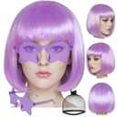 ANOGOL Hair Cap + (Sunglasses) Light Purple Bob Wig with Bangs Womens Purple Wigs with Star Shape Sunglasses Short Neon Wig for Daily Party Outfit Fun wigs for Halloween Costume Night Club Hair