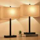UpgradedSet of 2 Bedside Touch Control Table Lamp with USB A+C Charging Ports & AC Outlet, 3-Way Dimmable Nightstand Lamp with Fabric Shade for Bedroom Living Room, 2700K LED Bulbs Included (Beige Linen & Matte Black(Base)-Two 2700K Bulbs Included)