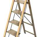 5 Step Ladder, Folding Step Stool, Lightweight Aluminum Foldable Ladder for 10 Foot High Ceiling with Anti-Slip Wide Sturdy Pedal and Handgrip, Multi-Use for Home (300 lbs Capacity) - Champagne Gold