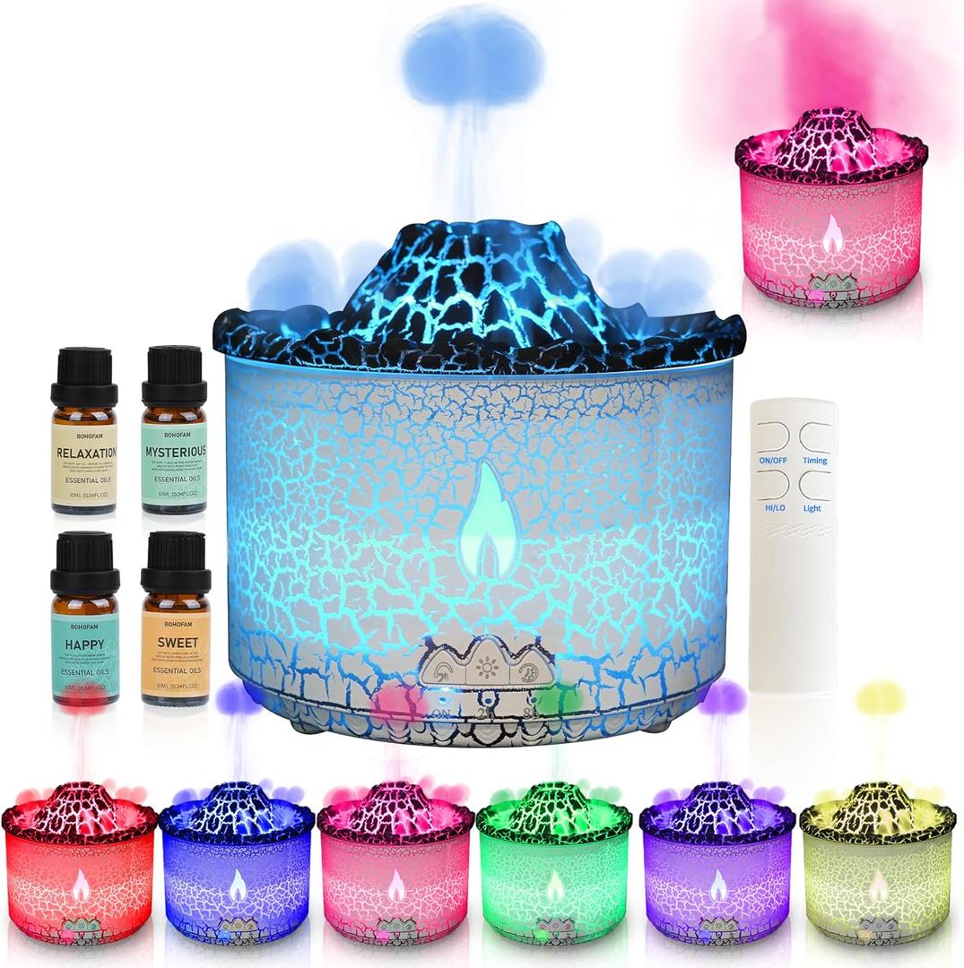 BOHOFAM Essential Oil Diffuser 360ML, Volcano and Flame Diffuser/Humidifier 2 Mode, Diffusers for Home with 7 Colorful Light, Included 4 Hotel Collection Diffuser Oil for Bedroom (White Translucent)