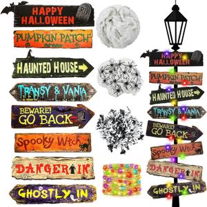 Halloween Lamp Post Light Decorations with 8 Glow in The Dark Scary Yard Wooden Signs 9.8 ft LED Light String 2 Bat Garlands & Faux Spider Web for Outdoor Holiday Post Lamp Yard Decor