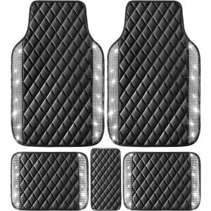 NBTEPEM Bling Leather Car Floor Mats Full Set, Sparkly Diamond Car Mats Universal Fit Most Automotive, Glitter Rhinestone Carpet Waterproof Anti-Slip, 5 pcs Set (Black Leather Silver Diamond)