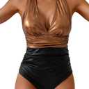 Eomenie Women's One Piece Swimsuit Tummy Control Metallic Glitter Bathing Suit Halter V Neck Color Block Swim Suit (Medium, Gold Black)