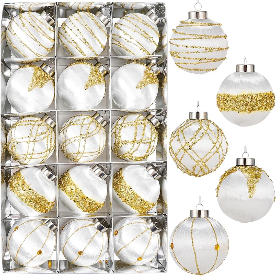 15 Pack 3.15" Fancy Christmas Tree Ornaments Set Large Christmas Baubles for Festive Decor Velvet Shatterproof Ornaments for Tree with Assorted Styles Satin Great as Christmas Ball Bulk White