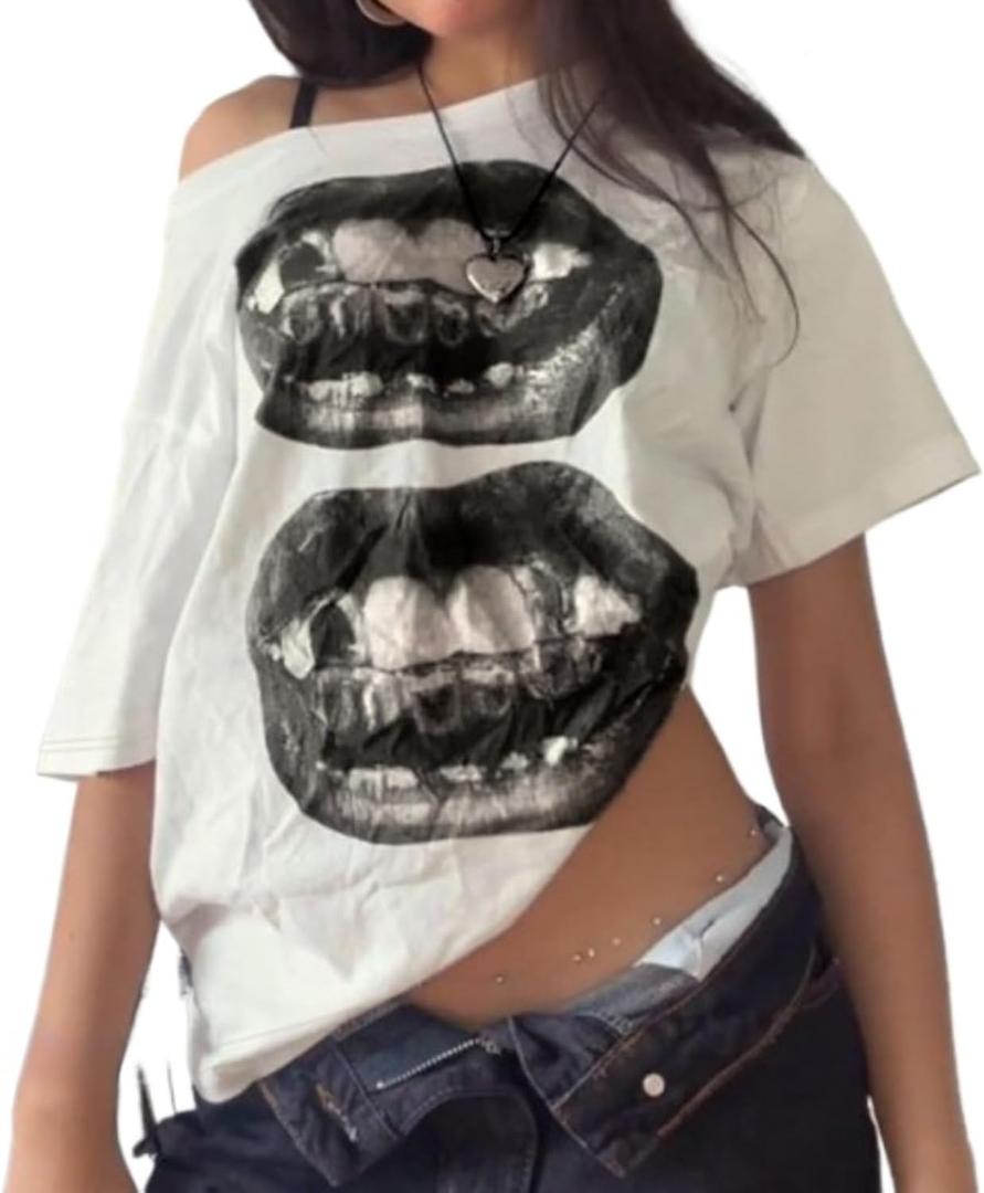 Hesaco Off The Shoulder Cute Shirts for Women Oversized Tshirt Y2k Graphic Tee Lips Print Baggy Shirts Vintage Tops (US, Alpha, Large, Regular, Regular, White Black)